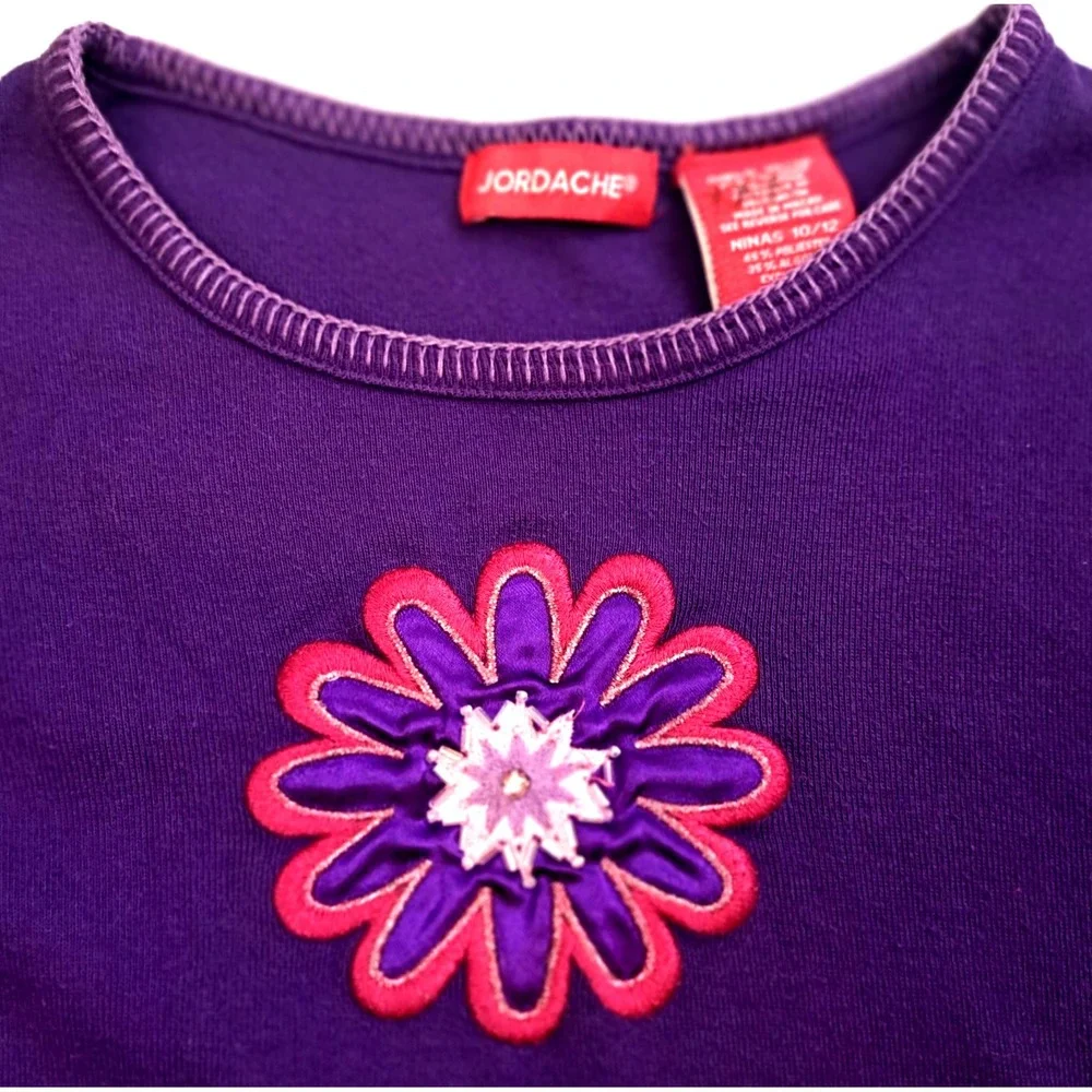 Vtg Jordache Girls 10-12  Shirt Long‎ Sleeve Purple Embroidered Flower Preppy